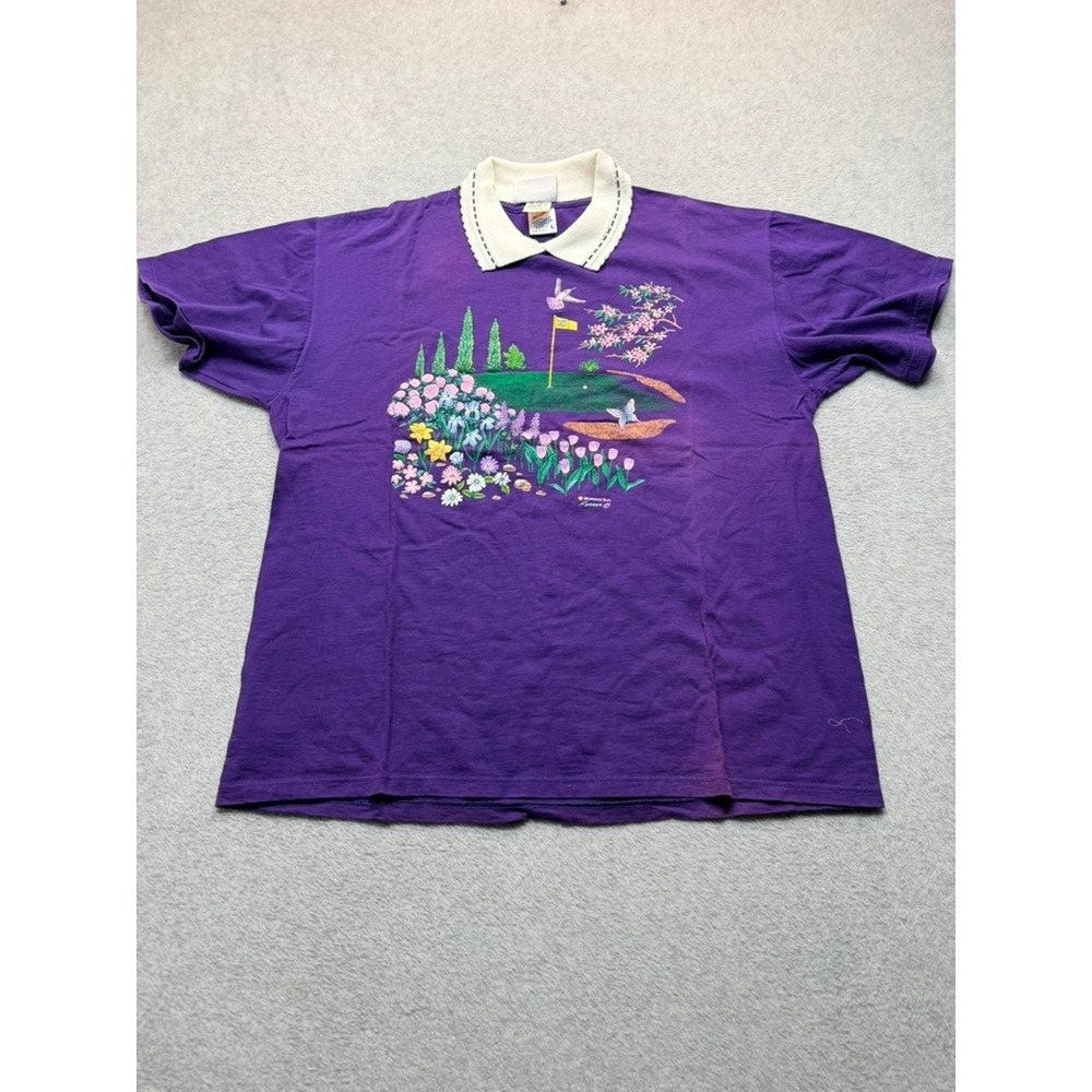 Vintage Morning Sun Jerzees Golf Flower Graphic Faux Collar T-Shirt Purple Large
